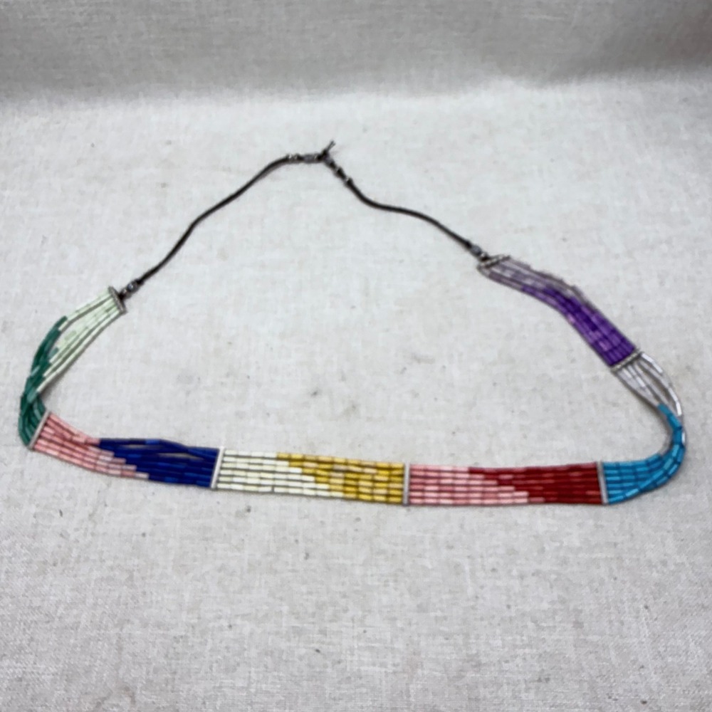 Vintage Multi Strand Rainbow Liquid Bead Necklace Boho Color Block Statement 24"